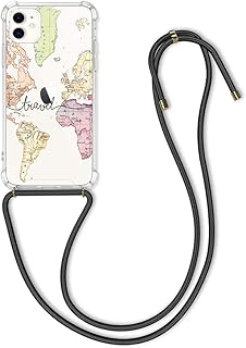 kwmobile Cover a Tracolla Compatibile con Apple iPhone 11 - Back Case in Silicone - Cover con Laccio Collo - Custodia con Cordino - Nero/Multicolore/Trasparente Mappa del Mondo