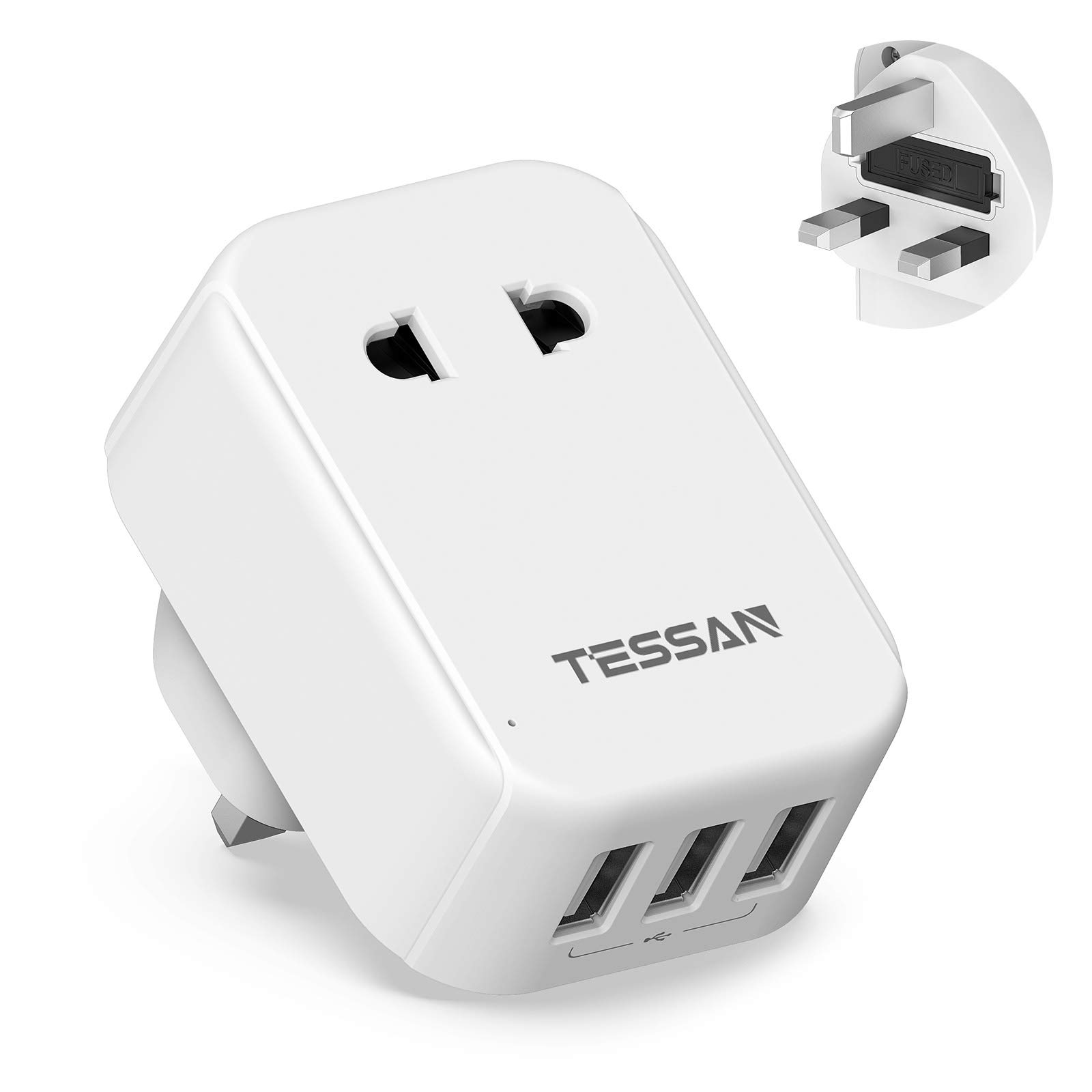 Shaver Plug Adaptor UK with 3 USB, TESSAN 2 Pin to 3 Pin Socket Adapter for Bathroom Electric Toothbrush, Razor and EU US Plugs, 10A Fused