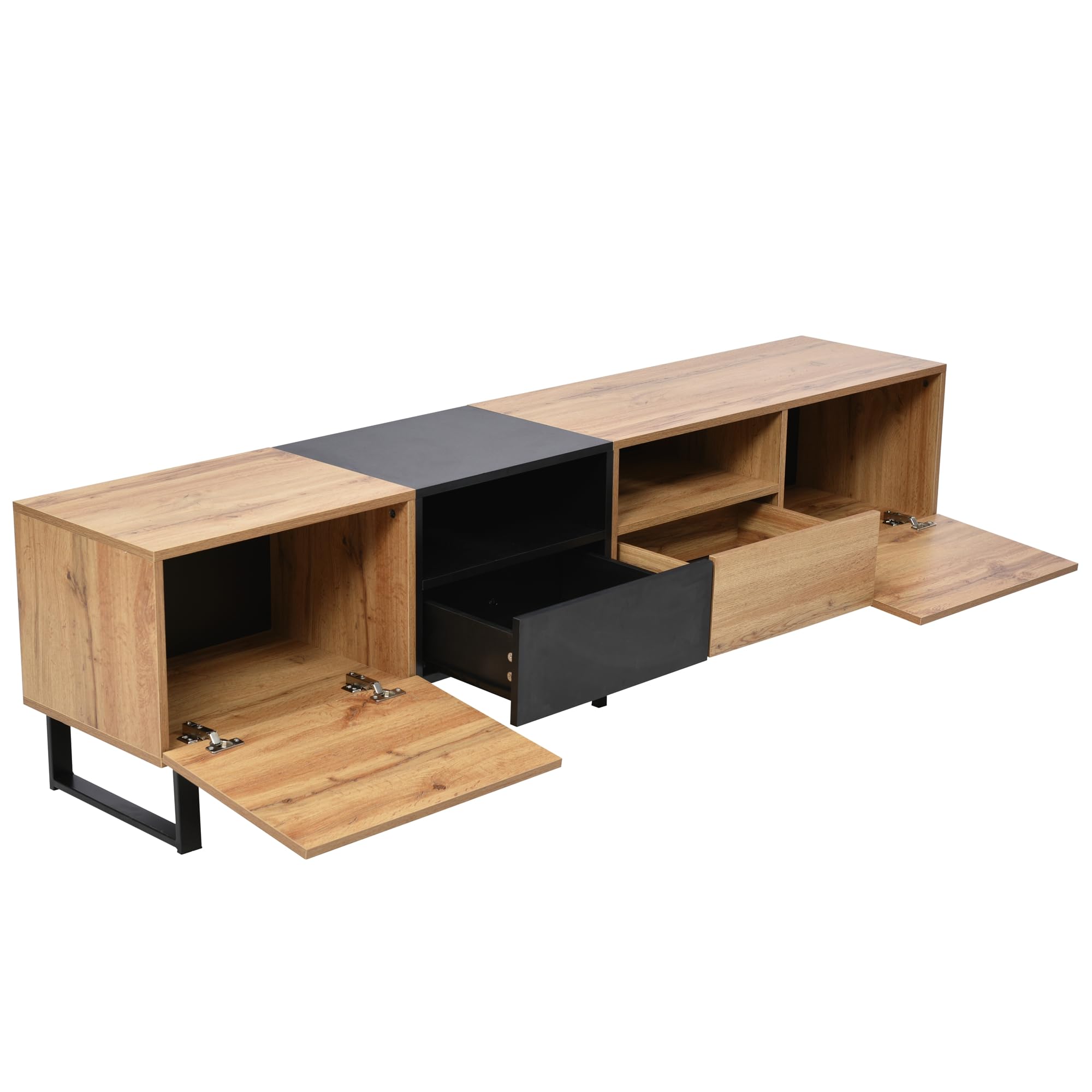 Azkoeesy Mueble de TV Salón Efecto Madera Natural 190 cm, Patas Metálicas Negras Resistentes, 2 Cajones y Puertas