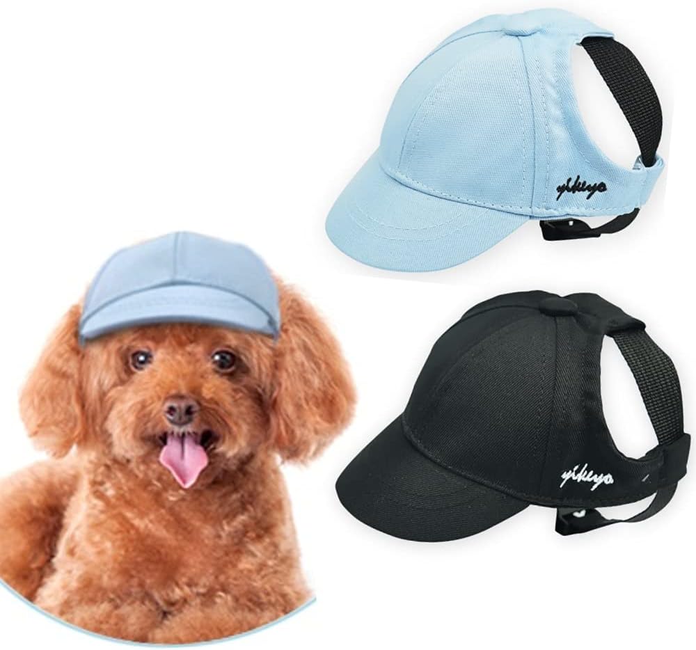 Yikeyo Puppy Dog Hat for Small Dogs Dog Sun Hats with Ear Holes, Pet Puppy Baseball Cap for Summer,Set of 2 Dog Visor Caps (Black+Blue,…