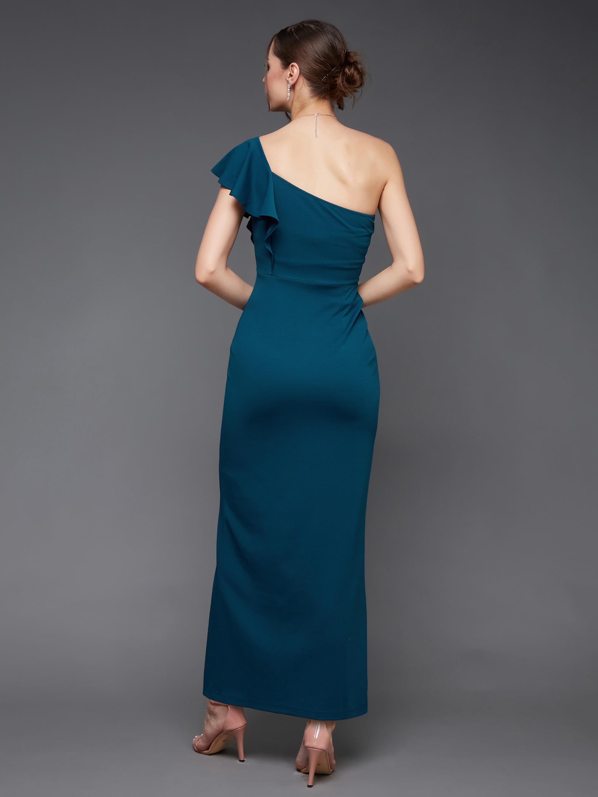 Miss Chase Women's Solid One Shoulder Sleeveless Ruffled Maxi Dress (Mcaw17D10-37-83-02, Teal, Xs)