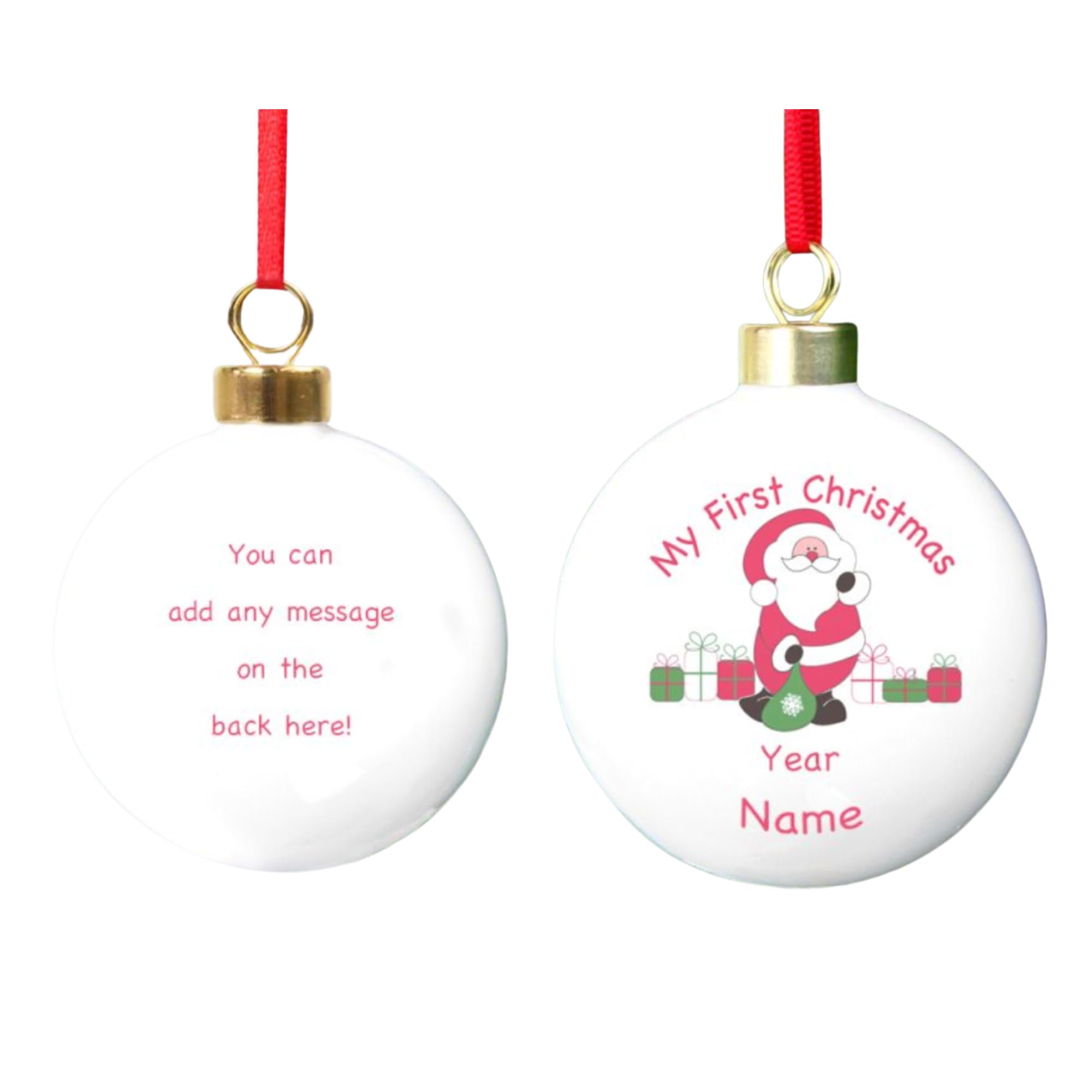 Caleli Gifts White Personalised Ceramic Bauble. Santa With Presents