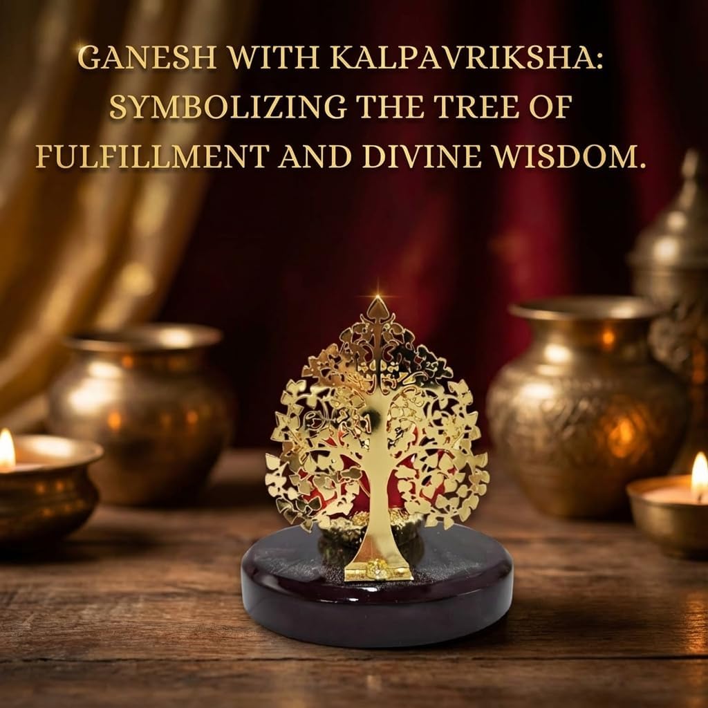24k Gold Plated Kalpavrikshya Tree Ganesh Idol Ganpati Murti for Car Dashboard, Office Desk, Hindu God Gift & Home Decor - Resin (Red) - 3 Inches
