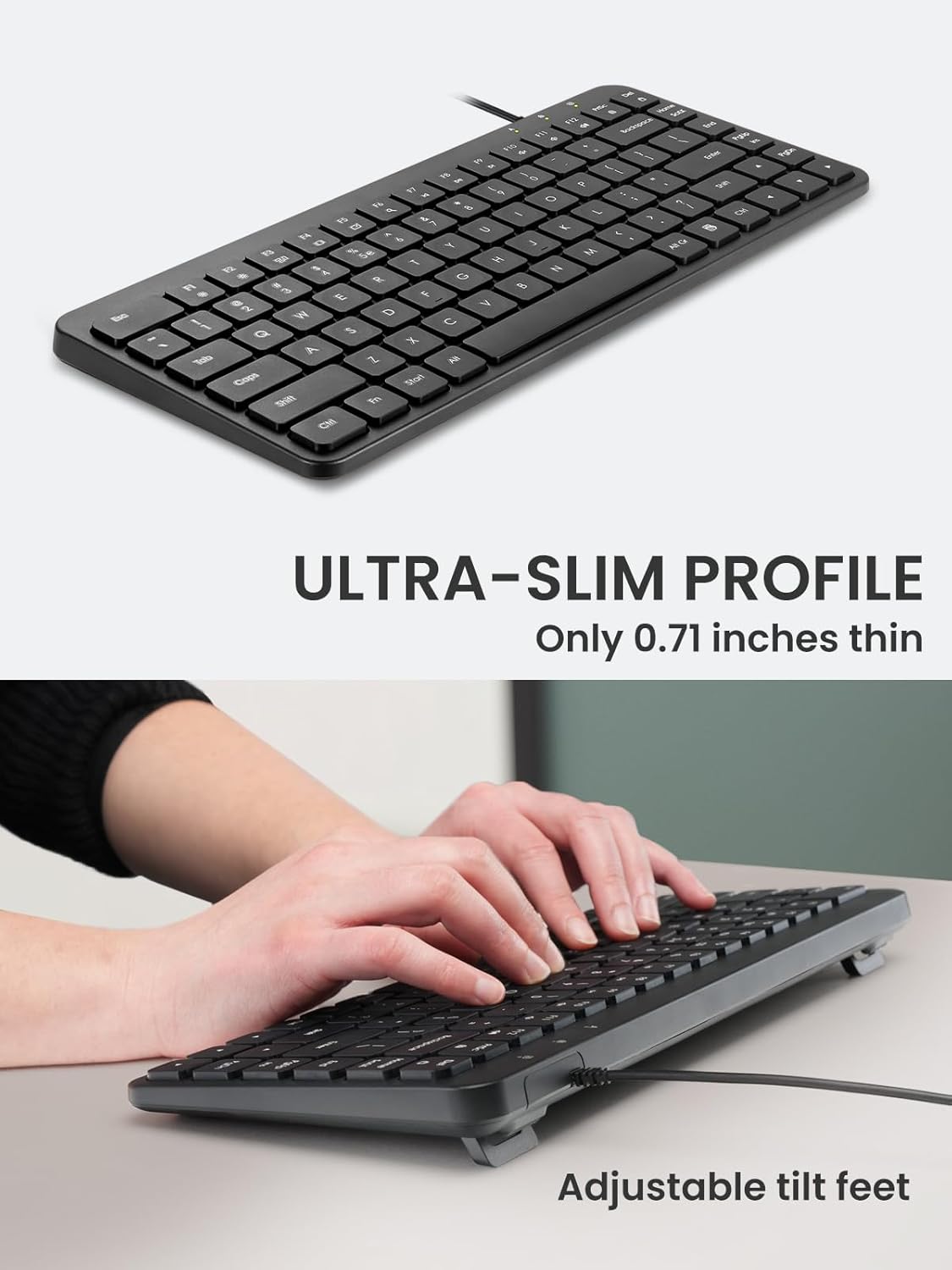 Perixx PERIBOARD-414U Wired USB Mini Keyboard, Compact 12.24x5.32x0.71 Inches, Plug and Play, Black, US English Layout