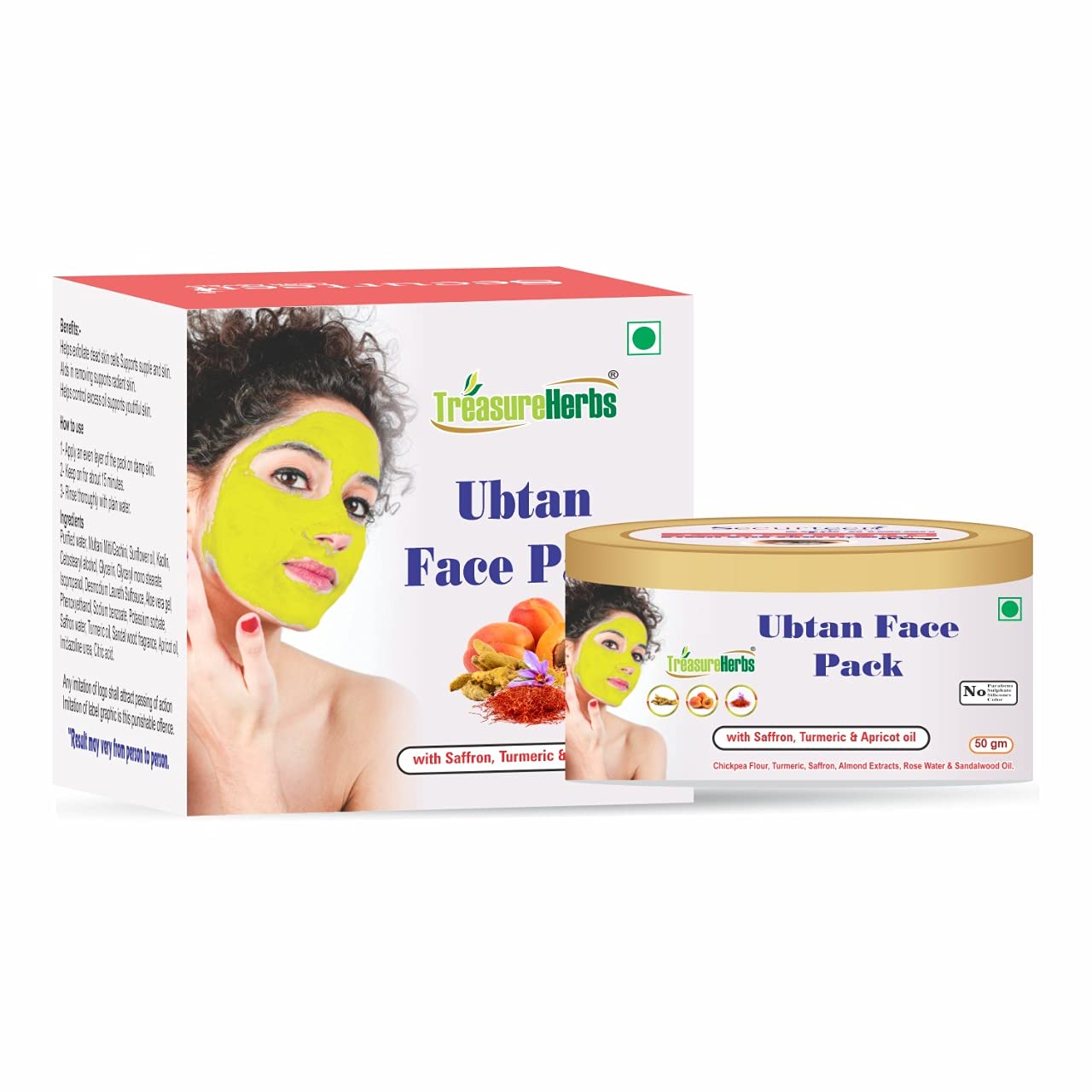 Treasureherbs ISO Certified Herbal Ubtan Face & Body Pack With Haldi And Kesar | For Glowing And Bright Skin | Detan Pack For Tan Removal | All Skin Types | For Men And Women (Pack Of 1, 50Gm)