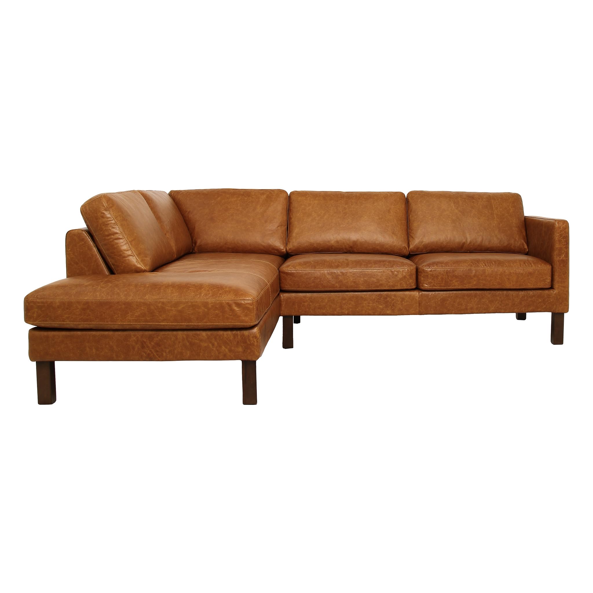 L Shaped Sectional Leather Couch Sofa - Mid Century Modern Corner Loose Back Couches for Living Room, Apartment, Home, and Office with Chaise Lounge, Tan, Genuine Leather, Hairo (Left Hand Facing)