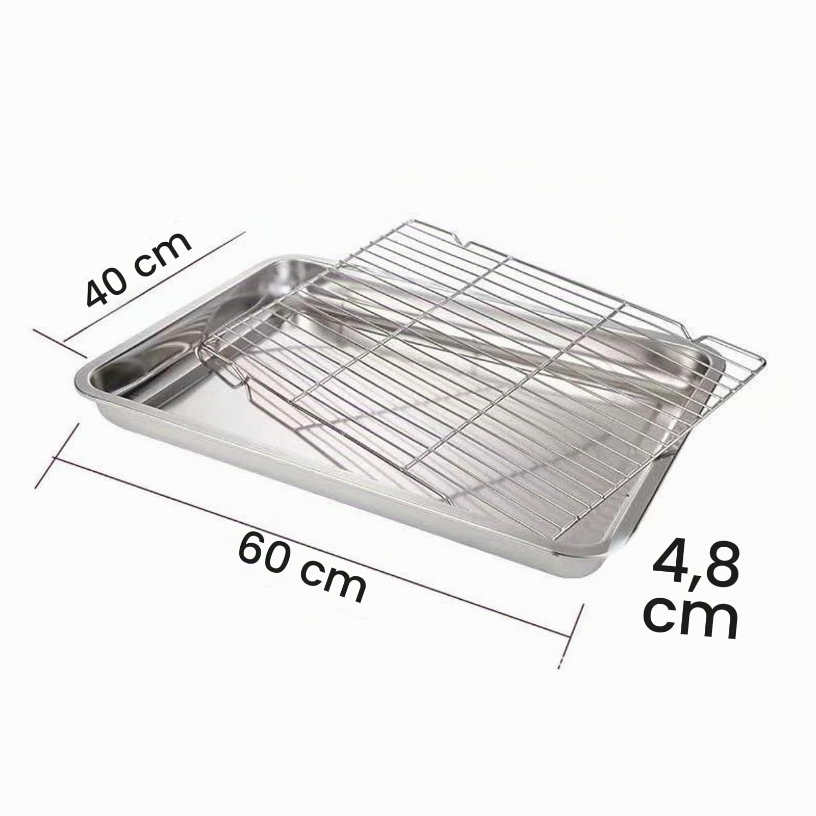 Teglia in Acciaio Inox con Griglia di Raffreddamento, Leccarda per Forno Rettangolare, Materiali Sicuri, Antiruggine e Facilissima da Pulire per Croccante, Frittura e Barbecue, 60 X 40 X 4.8 cm
