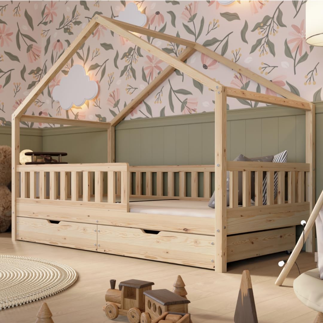 Lit Cabane avec Tiroirs 190x90 cm – Lit Enfant en Bois Naturel avec Barrière – Montessori au Sol avec Espace de Rangement Supplémentaire et Barrière Amovible - Crazy House