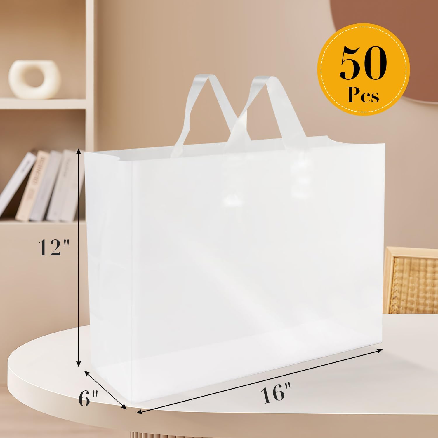 50 Pack 16x6x12 Clear Gift Bags with Handles, Large Frosted Plastic Shopping Tote Bags with Cardboard Bottom for Business Small，Boutiques, Retail, Bulk