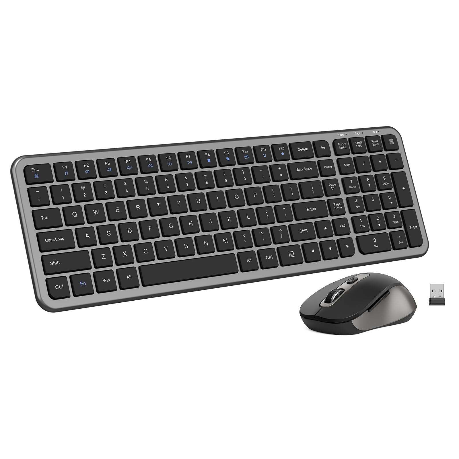 Leise Tastatur und Maus, kabellose Computertastatur in voller Größe mit Taschenrechner-Taste, 2400 DPI Maus, leises Klicken, ultradünnes kabelloses USB-Kit für Laptops, Windows, Mac, Grau