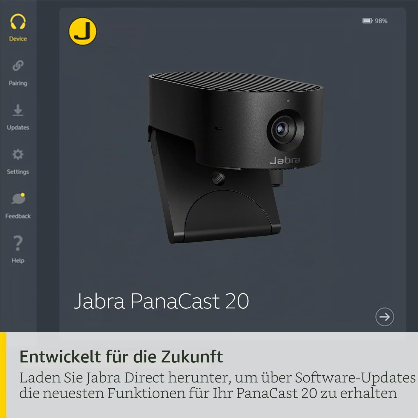 Jabra PanaCast 20 4K- Videokonferenzkamera - Flexible persönliche Plug-and-Play-Video-Webcam mit KI-gestütztem 4K-Ultra-HD, intelligentem Zoom und Beleuchtungsoptimierung