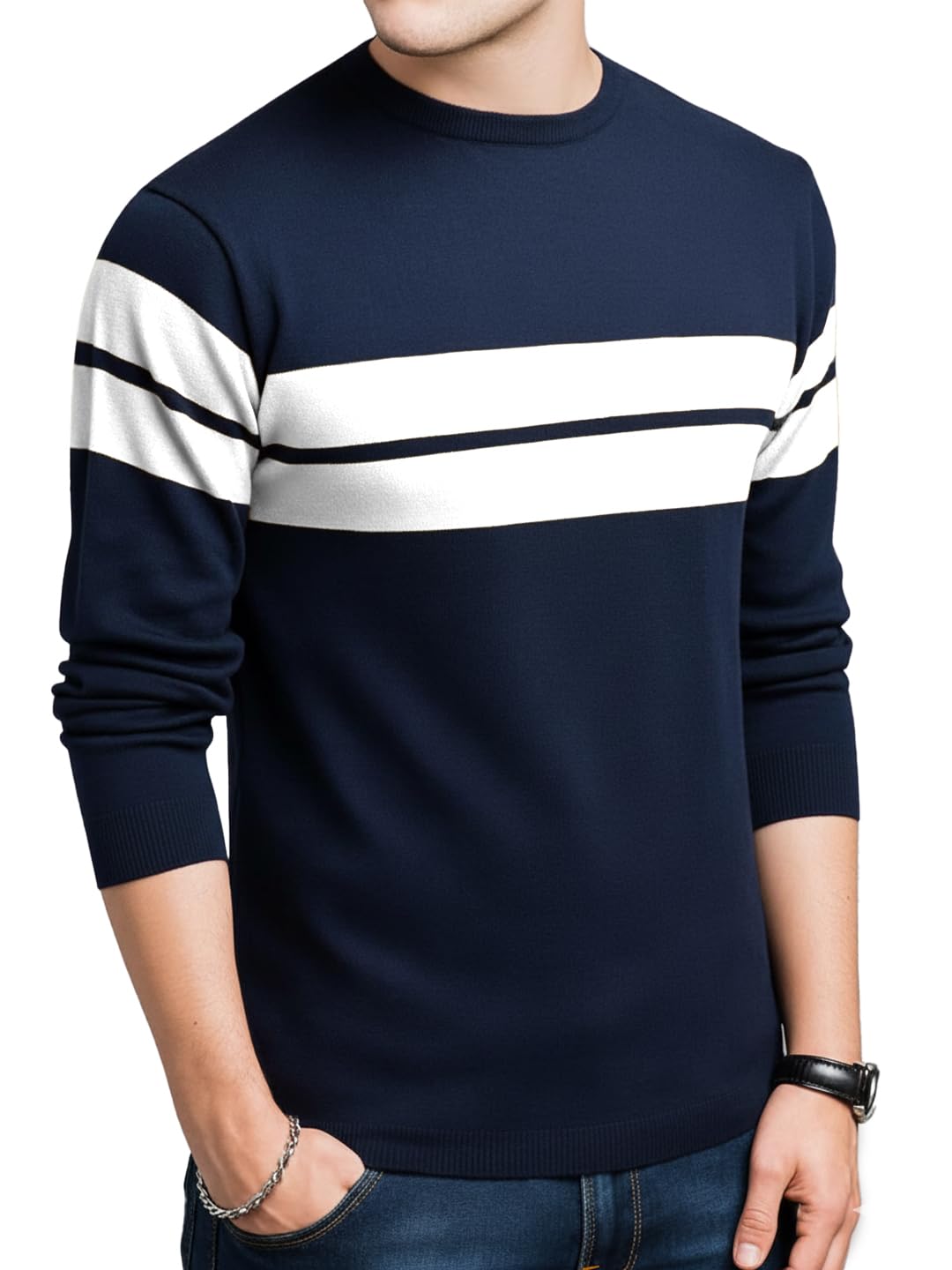 leotude Stylist Regular fit Full Sleeve Cottonblend Colourblock Round Neck Tshirt for Man (Color White)-picture-17