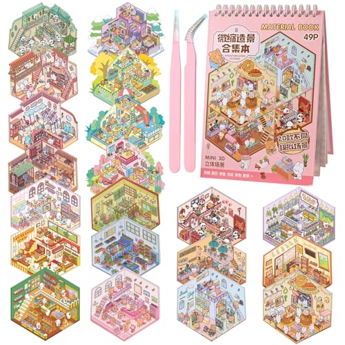 HTTDSLF Autocollants de Scène, 3D Stickers Scene Miniature, Autocollants 3D House Stickers, avec 2 Pincette, Convient aux Adultes et Enfants pour Soulager le Stress et Passer le Temps