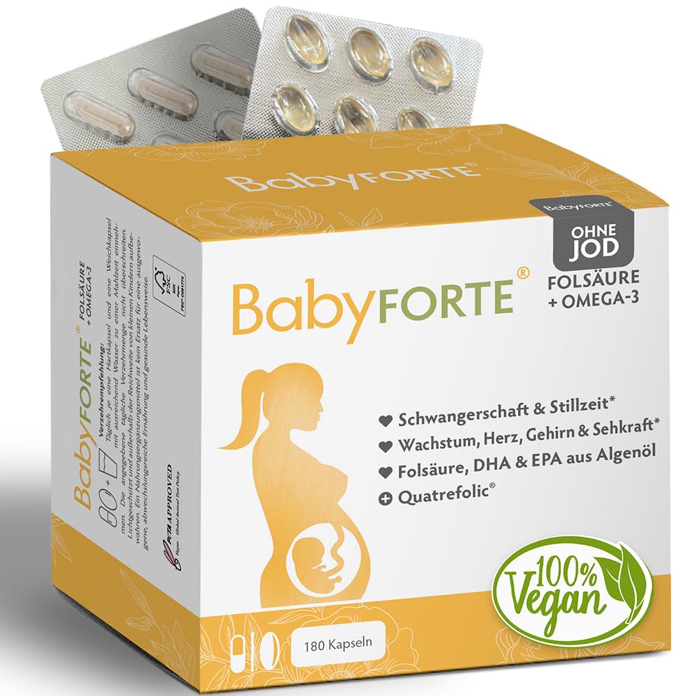 BabyFORTE® Folsäure ohne Jod + Omega-3 vegan mit Algenöl | 17 Schwangerschaftsvitamine ohne Jod + Quatrefolic® | 180 Kapseln | ab 1. Trimester
