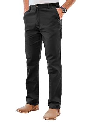 PLEPAN Mens Chino Pants Khaki - Stretch Waist Slim Fit Casual Trousers for Work Black 42W-30L
