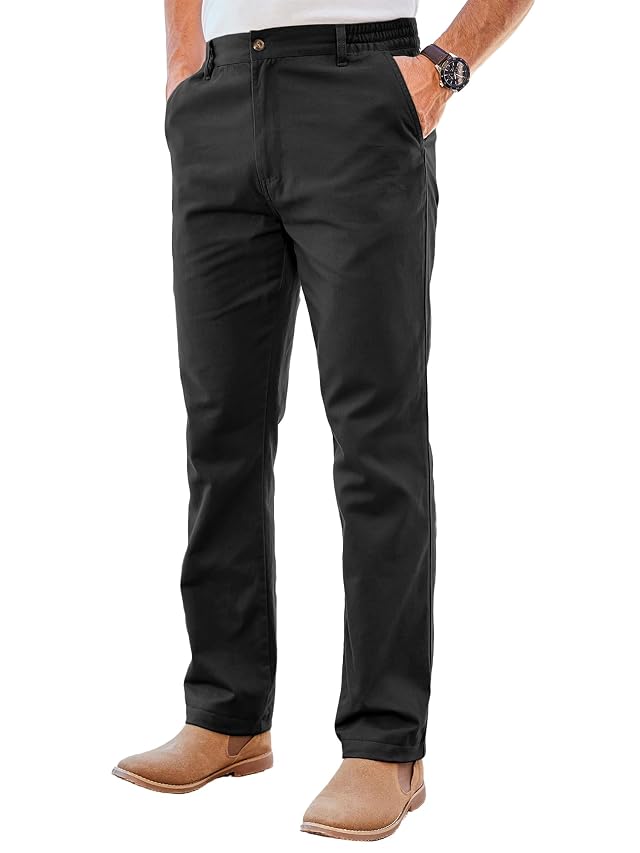 PLEPAN Mens Chino Pants Khaki - Stretch Waist Slim Fit Casual Trousers for Work Black 42W-30L