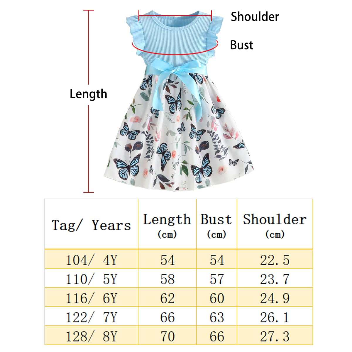 Vestido Princesa Niña Moño Flor Mangas Cortas Patrón Mariposa Fiesta Verano 4-8 años