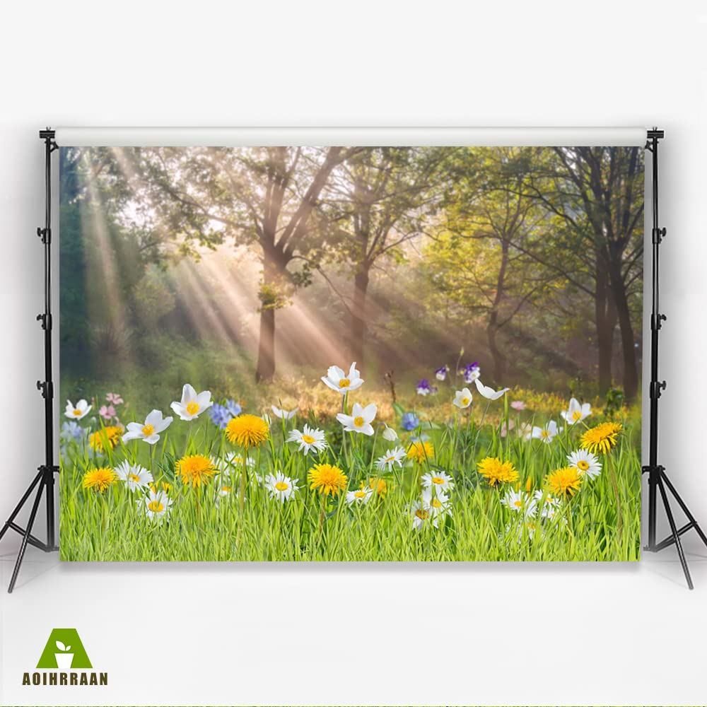 Aoihrraan 3,5x2,5m Spring Scenery Backdrop Flowers Green Grass Sunshine Forest Nature Landscape Photography Background Baby Shower Outdoor Party Decor Children Adults Portrait Photo Studio Props - Image 3