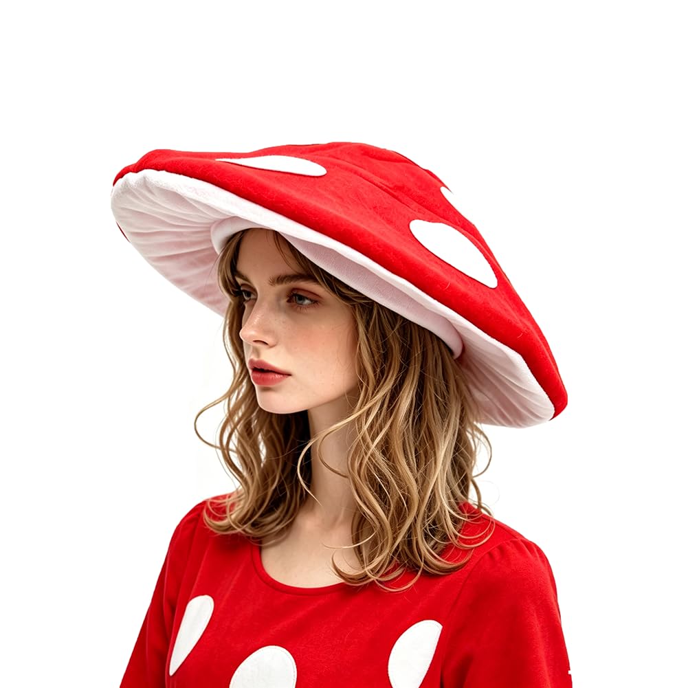 FakeFace Red White Spotted Mushroom Hat,Halloween Cosplay Toadstool Costume Plush Toadstool Hat with Adjustable Chin Strap for Adult Fairycore Festival Party Easter Headwear