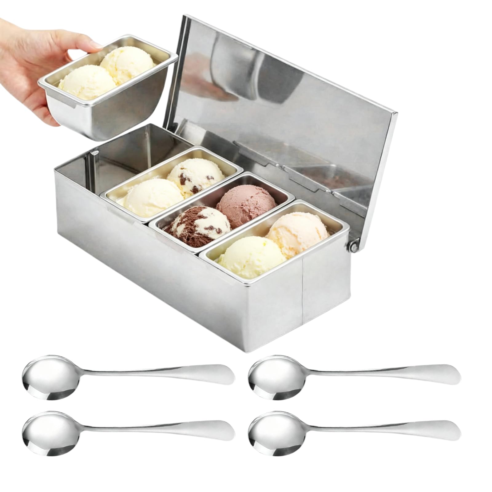 Zutatenbehälter Edelstahl, Pizza Zutatenbehälter, Gekühlter Gewürzbehälter mit Deckel und Löffel, Gewürzbox Beilagenbehälter, 4 Gitterx450ml Edelstahl Behälter für Buffet Salatbar Gastro PizzaStation