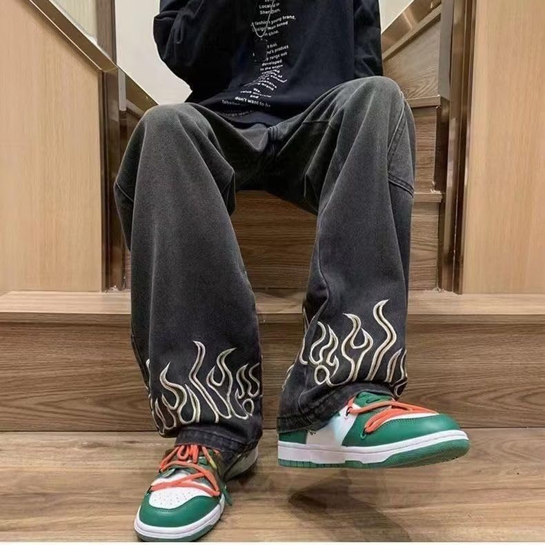 Y2k Hip Hop Flame Print Oversized Jeans for Men Acubi Baggy Denim Casual Pants Wide Leg Trousers Multi Pockets2