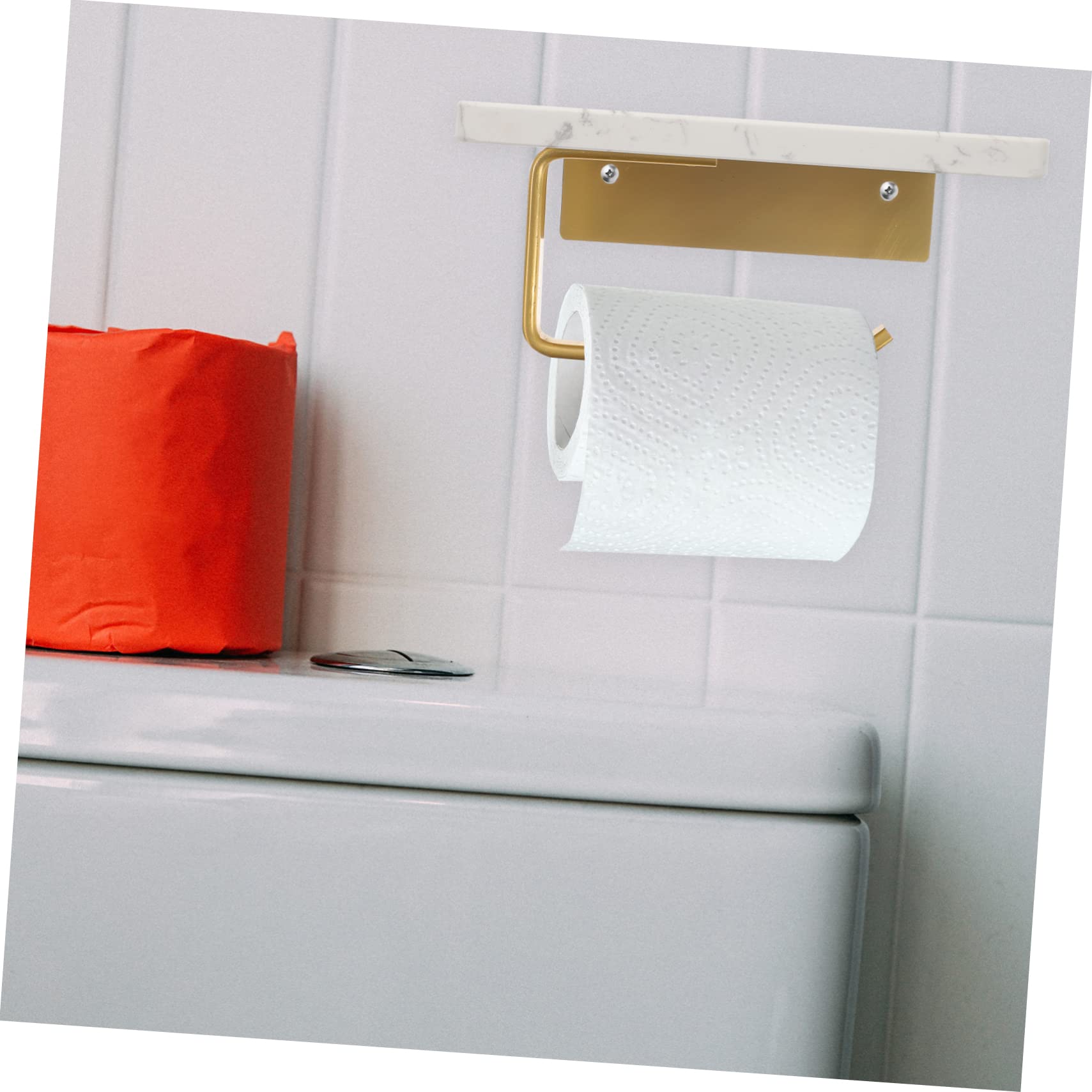 UKCOCO Portarrollos de Papel Higiénico de Mármol Blanco, Soporte de Aluminio Montado en Pared con Estante, Fácil de Instalar para Baño