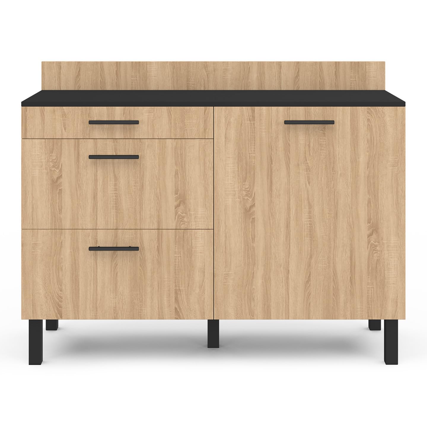 IDMarket - Buffet Bas casserolier de Cuisine 120 cm CINA Plan de Travail H.83 cm 1 Porte + 3 tiroirs Noir et façon hêtre