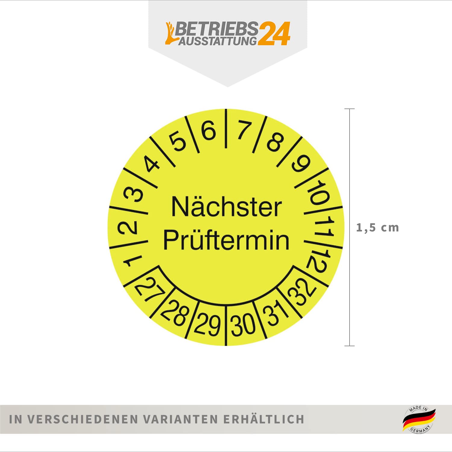 Prüfplakette „Nächster Prüftermin“ - Rolle mit 1000 Stück - Fälschungssicher - Dokumentenfolie, selbstklebend Ø 1,5 cm - gelb/schwarz - Jahre: 2027 – 2032 - Prüfetiketten