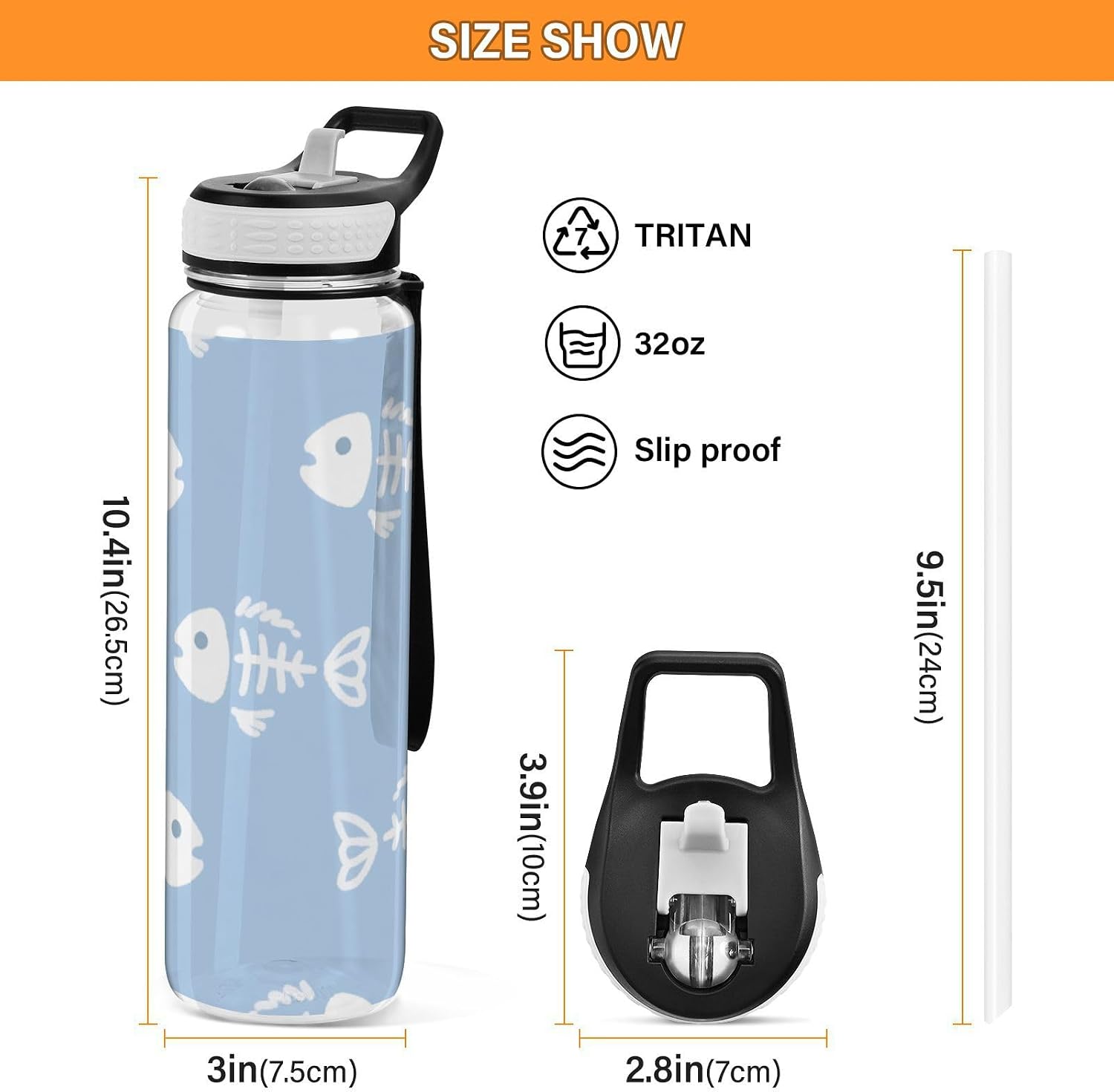 32oz Cartoon Fish Bone Blue Water Bottle with Carry Tritan BPA Free Lead non toxic Plastic Water Bottles for Travelling Portable