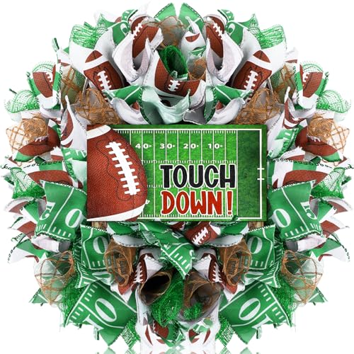 Daifunli Football Wreath 16 Inch Touch Down Green Wreath for Front Door Football Party Favors Decorations Ribbon Mesh Linen Sign for Game Day Sport Theme Door Decoration for Birthday Party