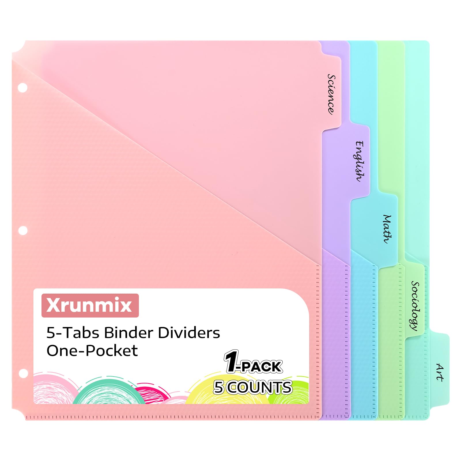 5 Tab Dividers with Pockets for 3-Ring Binder, US Letter Size, Pastel Colors
