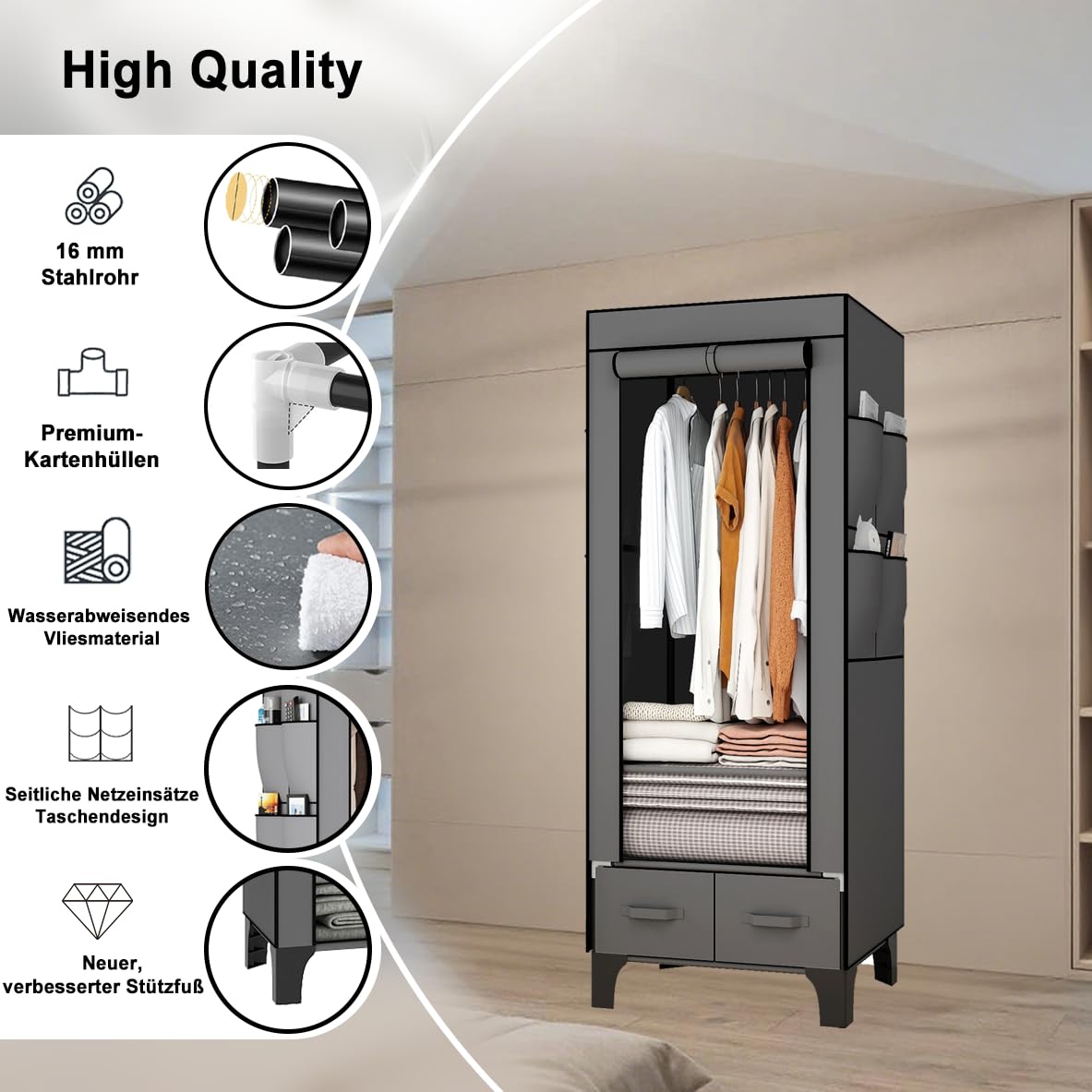OPPAIYA Armadio in tessuto sottile, robusto, piccolo con 2 cassetti, armadio pieghevole con 8 tasche laterali e copertura, guardaroba per campeggio e camera da letto, nero, 59 x 45 x 160 cm, nero