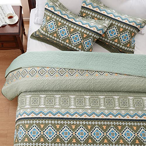 LEAONME 2 Pieces Twin Size Quilt Set Olive Green Bohemian Bedspread Coverlet Lightweight Microfiber Bedding Set 68x86 Inch Bed Cover for All Seasons (1 Quilt, 1 Pillow Sham)