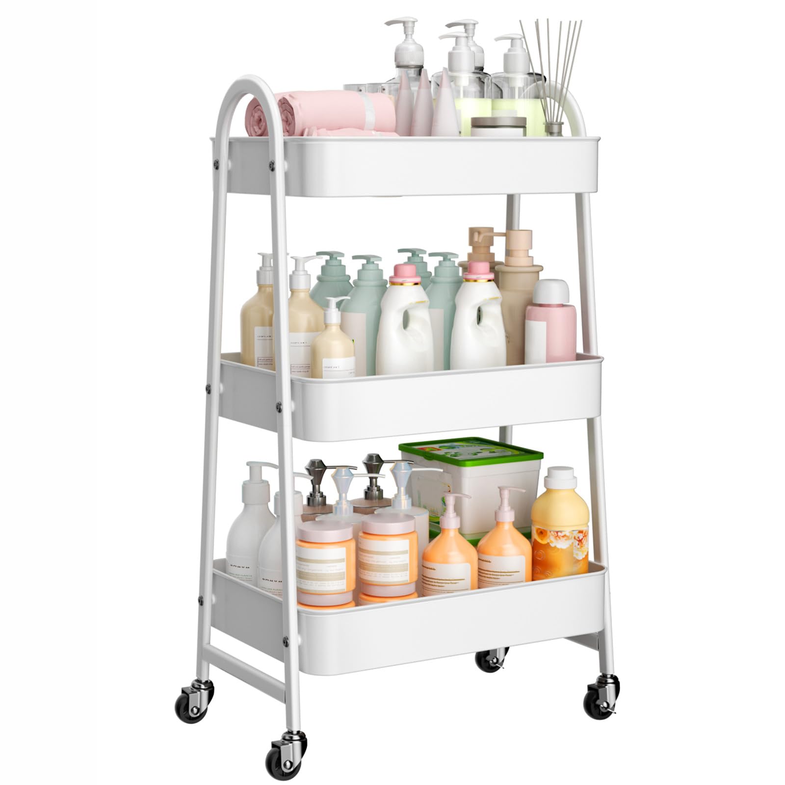 StowBin Rollwagen mit 3 Ebenen, Rollwagen Metall, Servierwagen aus Metall, Küchenwagen, Küchenregal mit Griffen,weiß