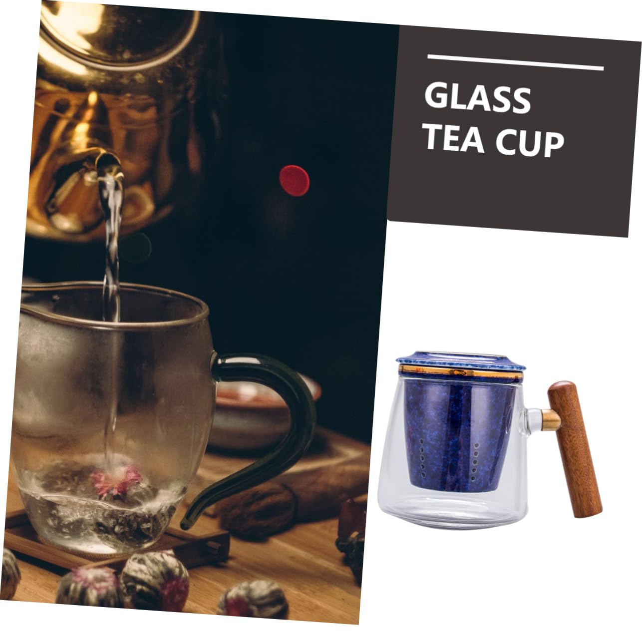 Retro Teetasse aus Glas und Keramik, 400ml, Blau, mit Deckel