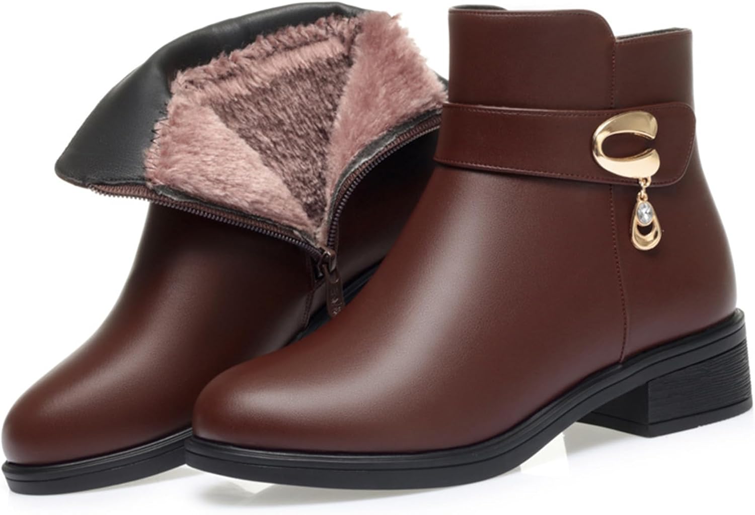 Women Winter Warm Low Block Heel Snow Booties Leather Side Zipper Sparkling Rhinestones Fully Fur Lined Thickening Softsole Ankle Boots