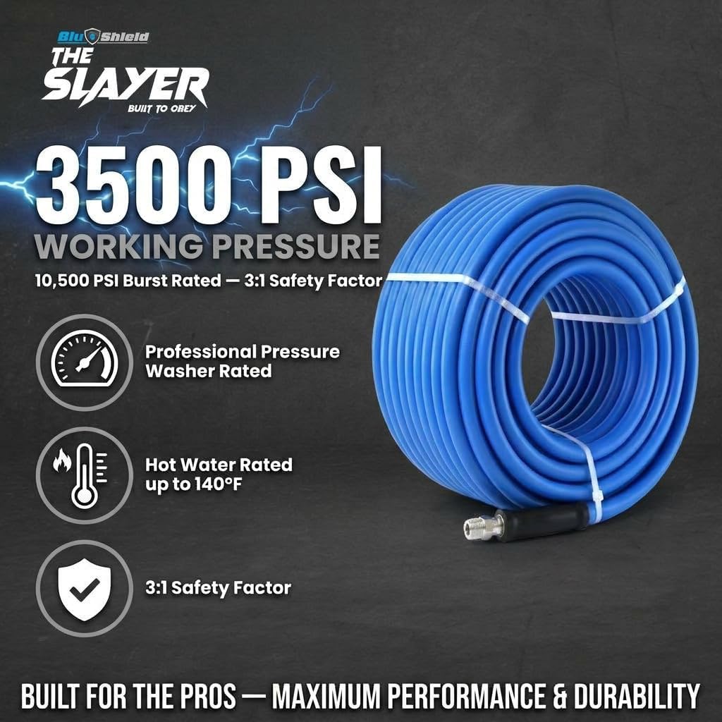 Blu Shield The Slayer Hybrid Pressure Washer Hose 1/2" x 50' | 3500 PSI, Kink Resistant, Non-Marking, Lightweight, 1/2" Male NPT, Blue – Replacement for Hydrotek, Hotsy, Landa, Mi-T-M