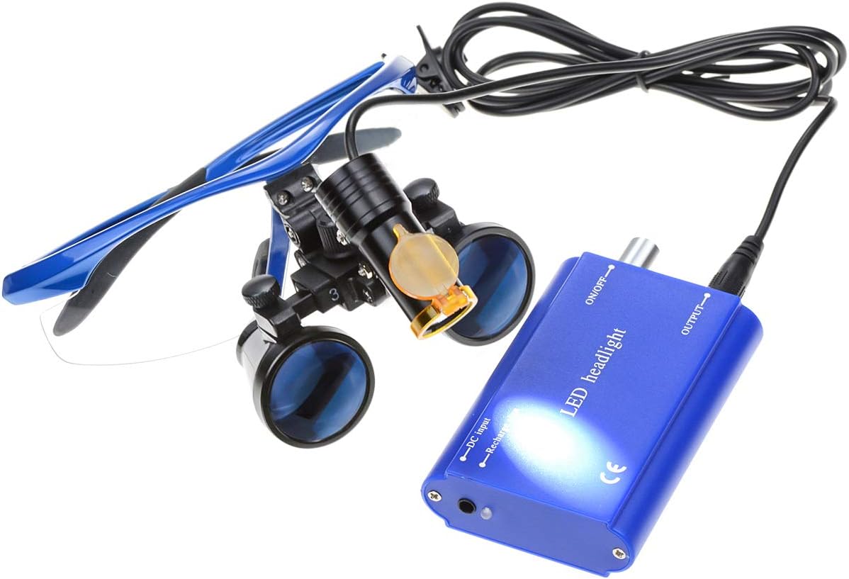 3.5X 420mm Working Distance Optical Glass Binocular Loupes with Filter LED Head Light Lamp , Carrying Aluminum Case (Blue)