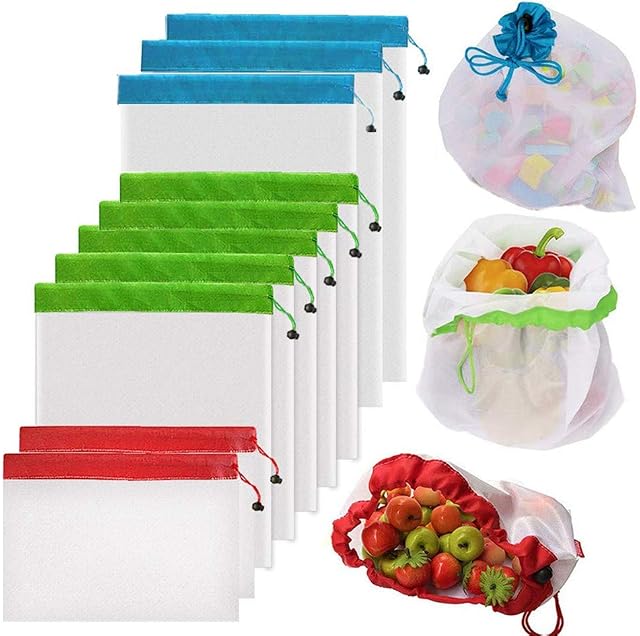 Reusable Mesh Produce Bags by YOWAO, Washable See-Through Lightweight Mesh Bags for Fruit, Vegetable, Toys, Grocery, and Supermarket Shopping Storage (50D, 3 Large, 5 Medium, 2 Small)