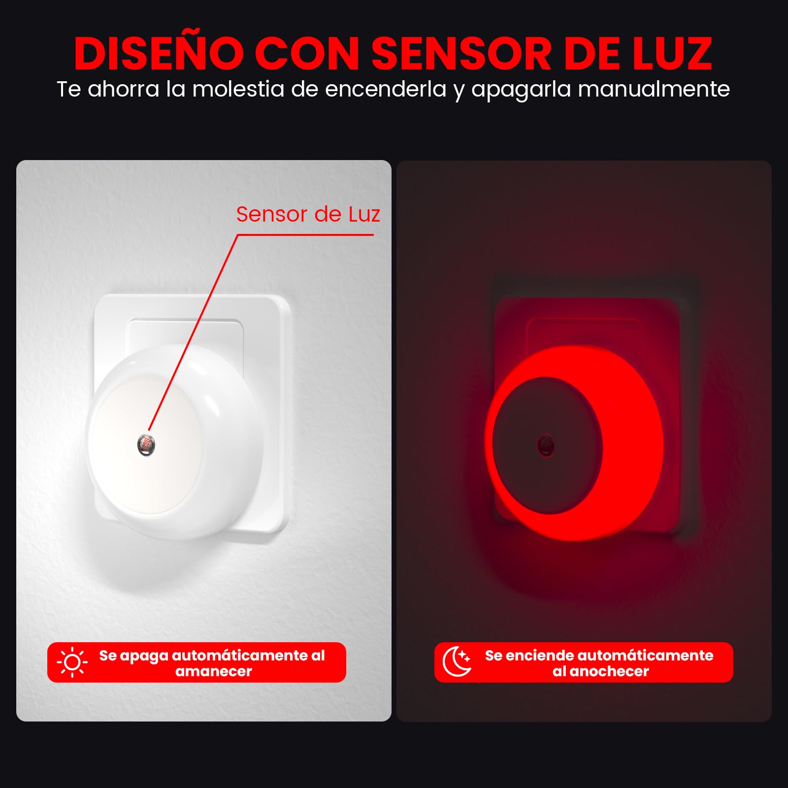 625nm Luz Roja Nocturna Enchufe Bebé, Luz Roja Nocturna Melatonina con Sensor Crepúsculo Auto On/Off para Babitación Infantil, Dormitorio, Cocina, Baño, Pasillo, Pack of 2