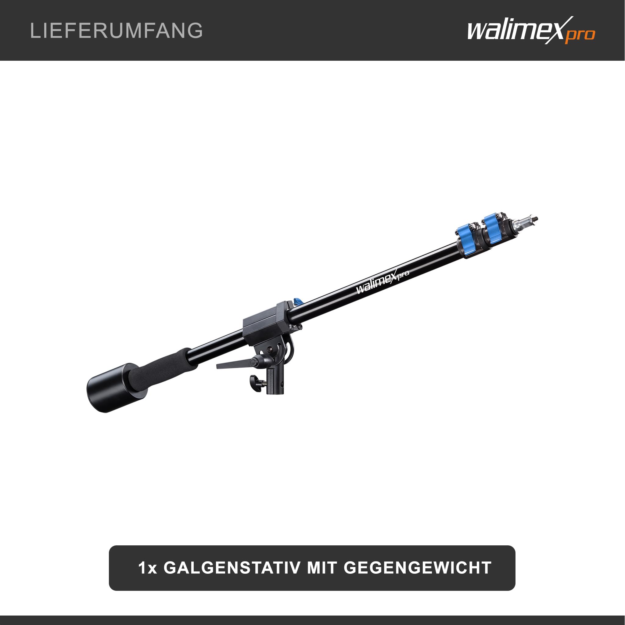 Walimex pro Galgen für Lampenstativ ausziehbar 70 bis 183 cm, Boom Arm neiggbar und bis 5 kg belastbar, 5/8 Zoll Spigot, Auslegearm ideal für Softboxen, Reflektoren, Schirme oder Mikrofone