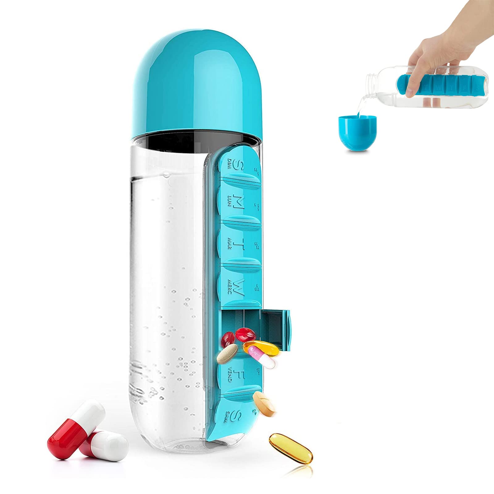 Photo 1 of 2 in 1 Pill Box Cup 7 Days Planner Travel Pill Organizer Drinking Cup Portable Pill Organizer Water Bottle 600 ML Detachable Water Bottle with Medicine Box for Family Travel Work