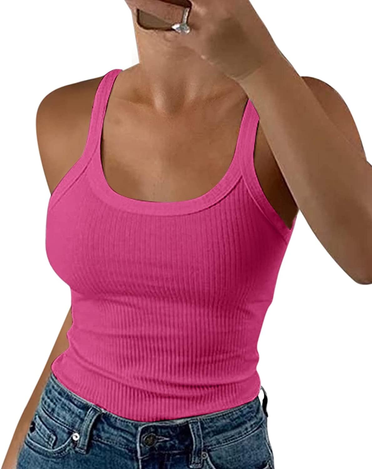 Wenrine Damen Spaghetti Tops Sexy U-Ausschnitt Tank Top Sommer Gerippt Tanktop Slim Fit Einfarbig Camisole