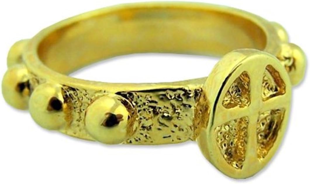 Gold Tone One Decade Rosary Ring with Inlay Christian Cross, 3/4 Inch