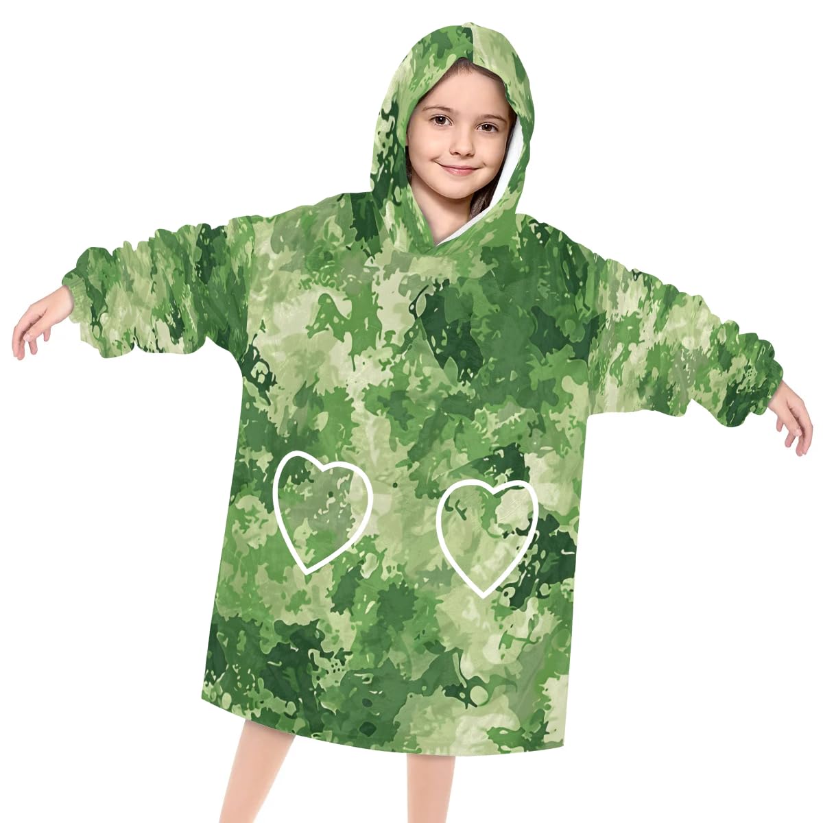 Pardick Wearable Blanket Hoodie for Kids, Green Camouflage Fleece Sweatshirt Blanket Oversized Blanket Sweatshirt with Pocket Flannel Warm Hooded Blanket 6-10 Year Old Girl Boy Gift, One Size