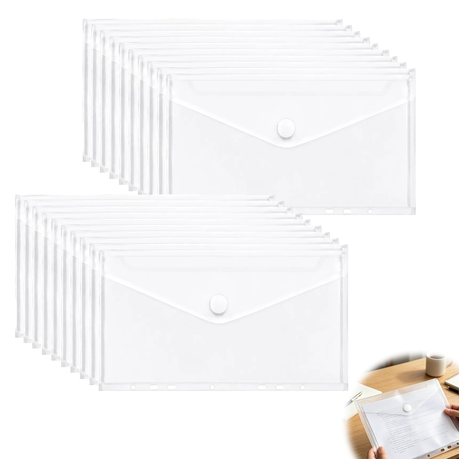 20 Pack Clear Plastic Wallets,A5 Punched Pockets Transparent Envelope Folders Documents Wallets Expandable with 7 Holes/Button Closure Waterproof Document Organising for Home Office School
