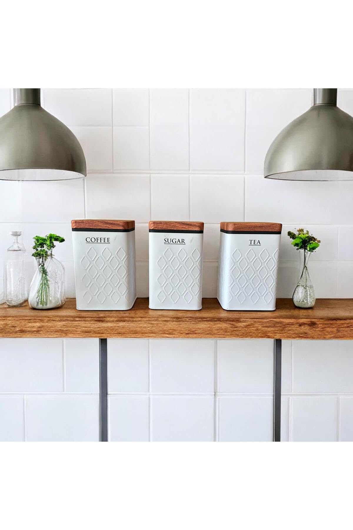 UCR HOME Yeni Desen Premium 3'lü Metal Çay Kahve Şeker Saklama Kavanozu - Beyaz