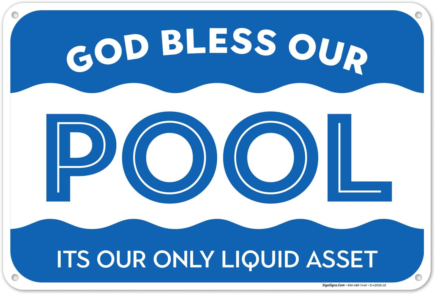 Pool Sign Funny, God Bless Our Pool, Its Our Only Liquid Asset Sign, 12x18 Inches, 55 mil Thick HDPS (high Density polystyrene), Made in USA