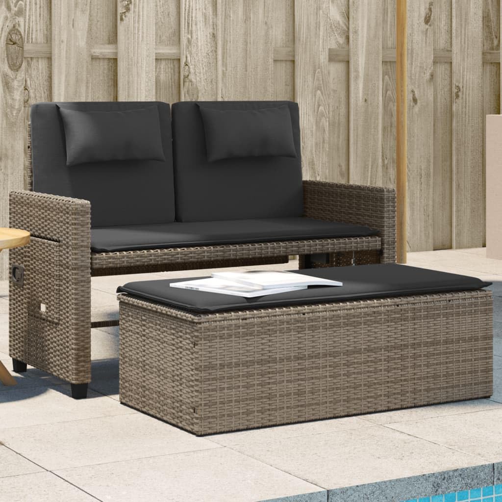 Banc De Jardin Inclinable VidaXL Avec Coussins - Siège Patio 2 Places Convertible En Lit - Structure En Résine Tressée Grise, Résistante Aux Intempéries