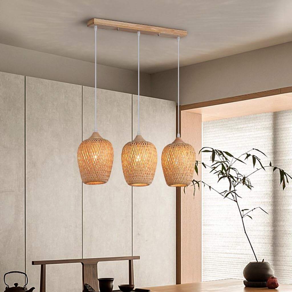 Lámpara De Techo Boho Lámpara De Ratán Retro Lampara Techo Ratan Lampara Mimbre Colgante De Madera 3 Luces Lámpara De Techo Boho Con Pantalla De Ratán Para Comedor Salón Cocina Bar, 54cm
